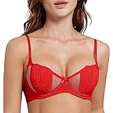 FEOYA Women Lace Bra Bralettes Unlined Mesh Sheer Push Up Lingerie Demi Unlined Underwire