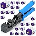 Everest easyJACK - 90° Angled Speed Termination Keystone Tool Set - with 20-Pack of RJ45 Cat6 Keystone Jacks in Purple (Slim Profile Design) - Time Saver Network Punch Down Tool Cat6