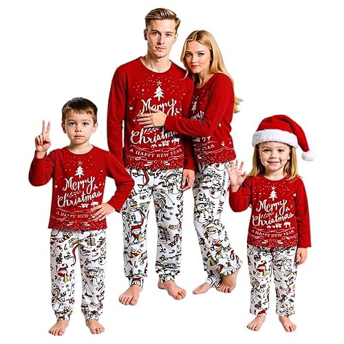 Christmas Pyjamas Sets Funny Xmas Theme Printing 2 Piece Matching Pyjamas For Family and Dog Crewneck Jumper And Straight Leg Pant Homewear Holiday Festive Party Outfit Casual Loungewear Red