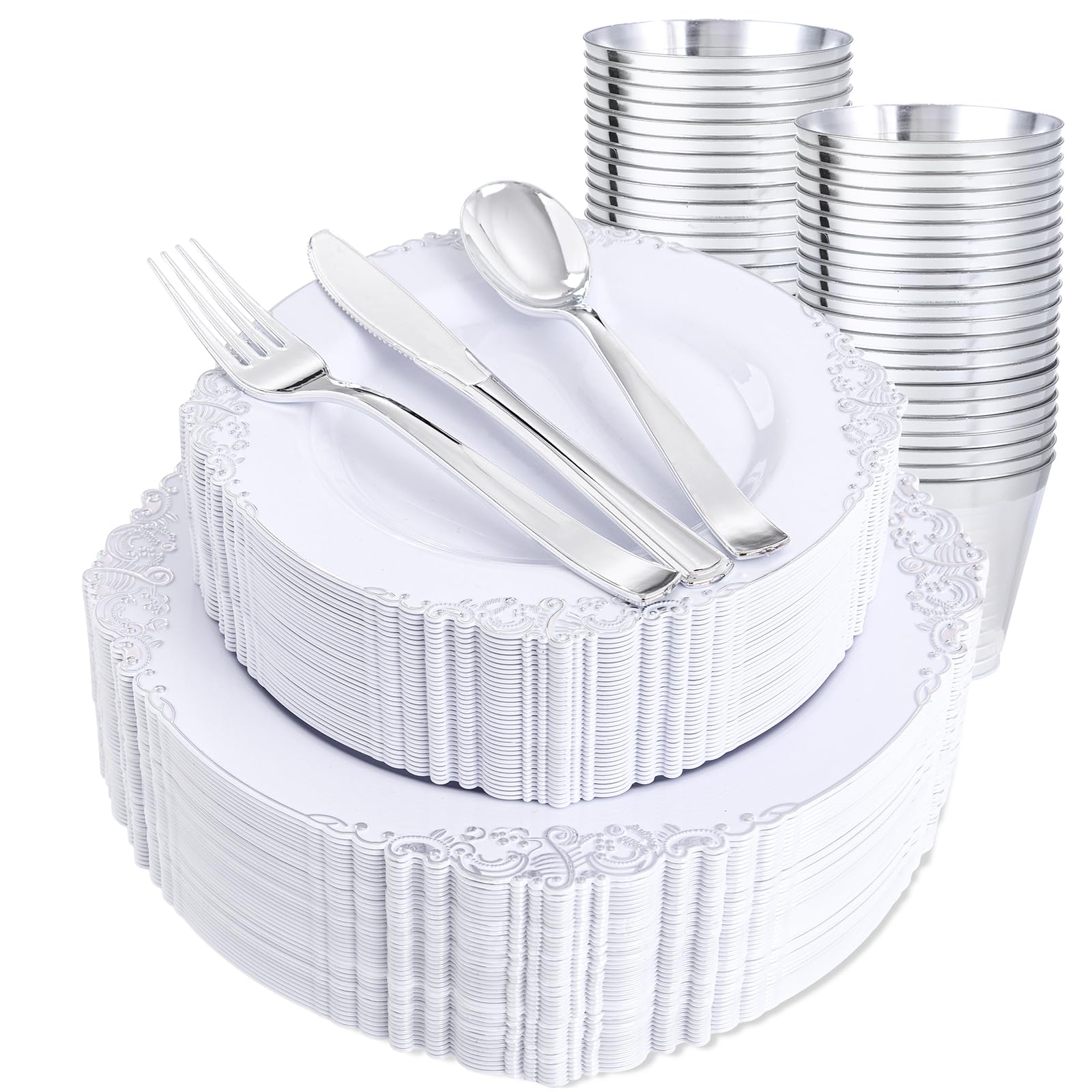 Photo 1 of (used)(unknown if complete) Hioasis 300pcs White and Silver Plastic Plates - Disposable Dinnerware Set Suitable for 50 Guests