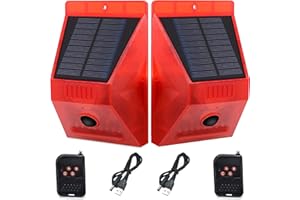 Solar Sound & Light Alarm Motion Sensor: Comboss Solar Strobe Light with Remote Controller, 129 Decibels Siren Sound Alert & 8LEDs Flash Warning Strobe Security Alarm System for Farm Villa - 2 Pack