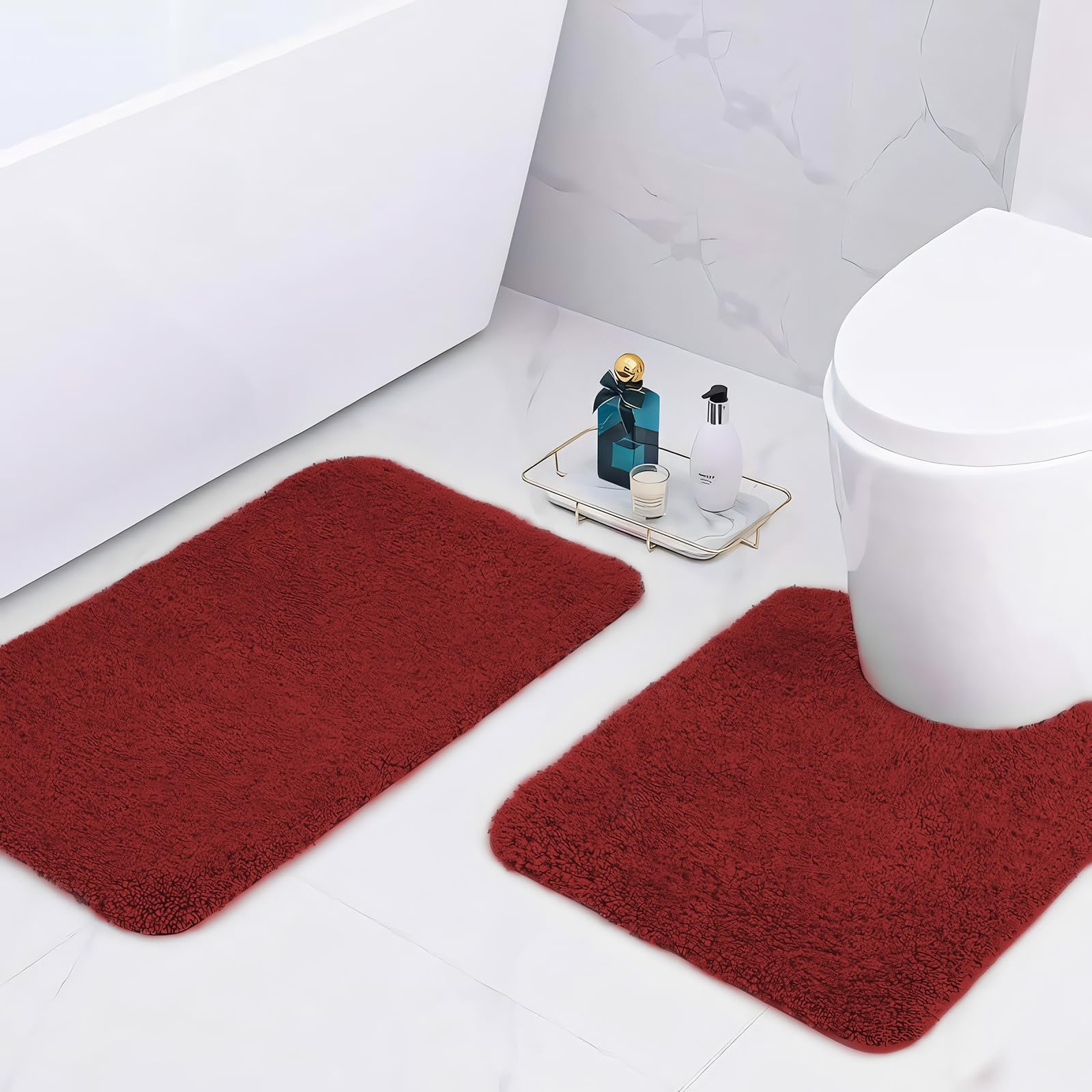 wyewye Microfibre Bath Mats, 2cm Super Thick Bath Rugs, Super Absorbent Bathroom Rugs 50x80cm and 50x50cm U-shape, Red