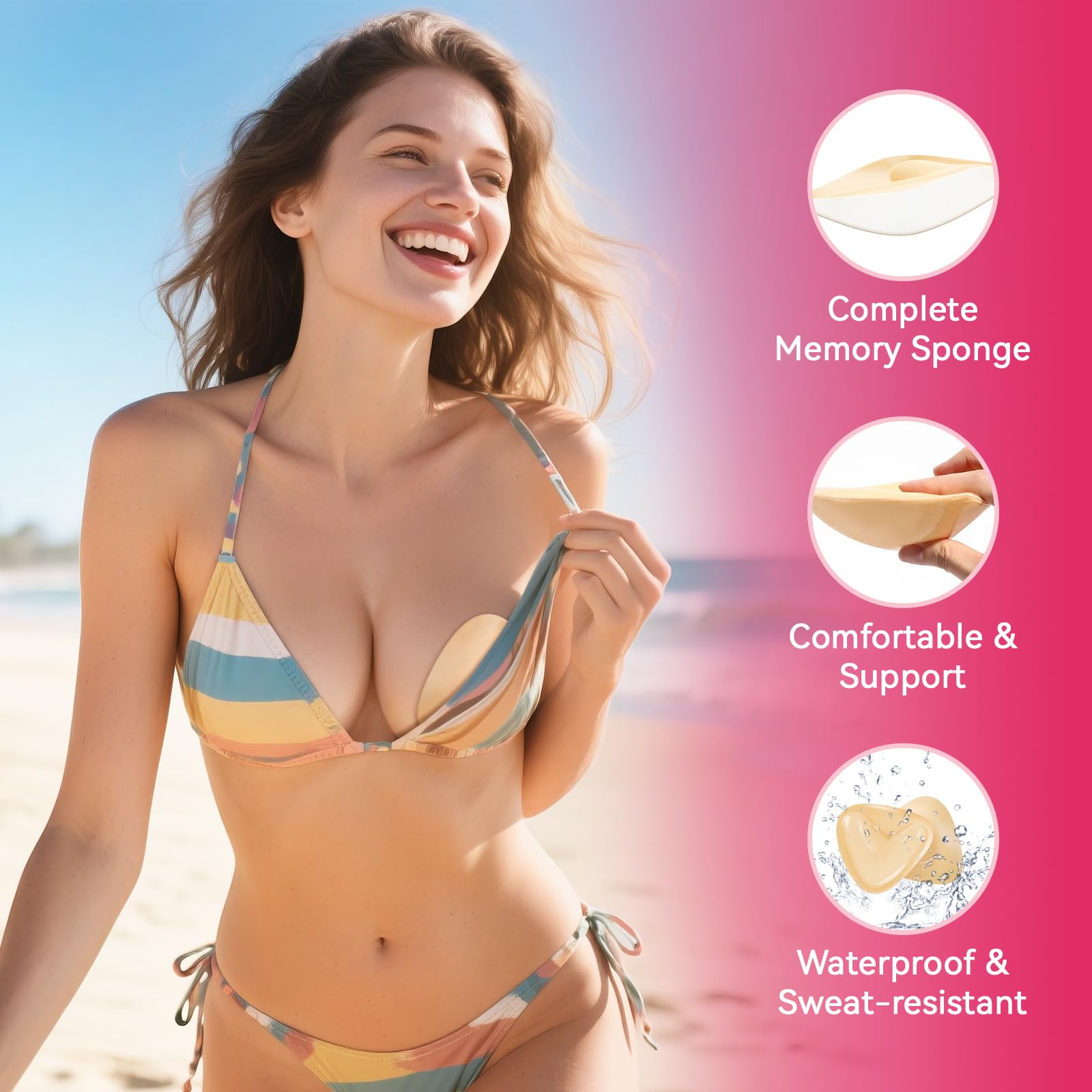 Dandelion Pact Double Sided Sticky Bra Inserts, Invisible Push Up Sticky Bra Pads for Large Breasts, Stick on Bra for Bikini Swimsuits (Medium, Beige)