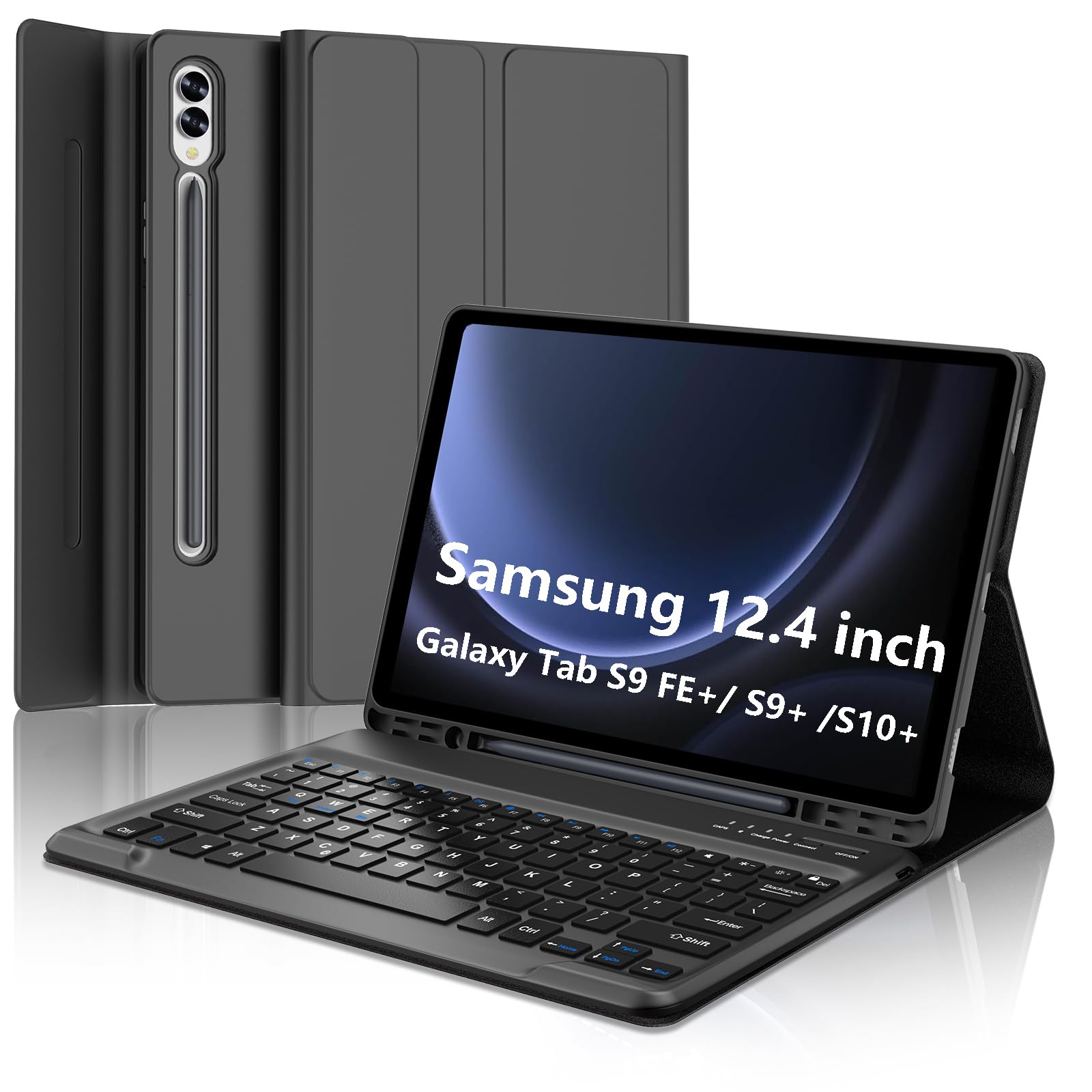 Photo 1 of Galaxy Tab S9 FE+/ S9+ /S10+ 12.4 Inch Case with Keyboard, Detachable Bluetooth Keyboard with Pen Holder for Samsung Tab S10+ Plus/S9+ Plus/S9 FE+ Plus/S8+ Plus/S7FE/S7+ Plus 5G 12.4", Black
