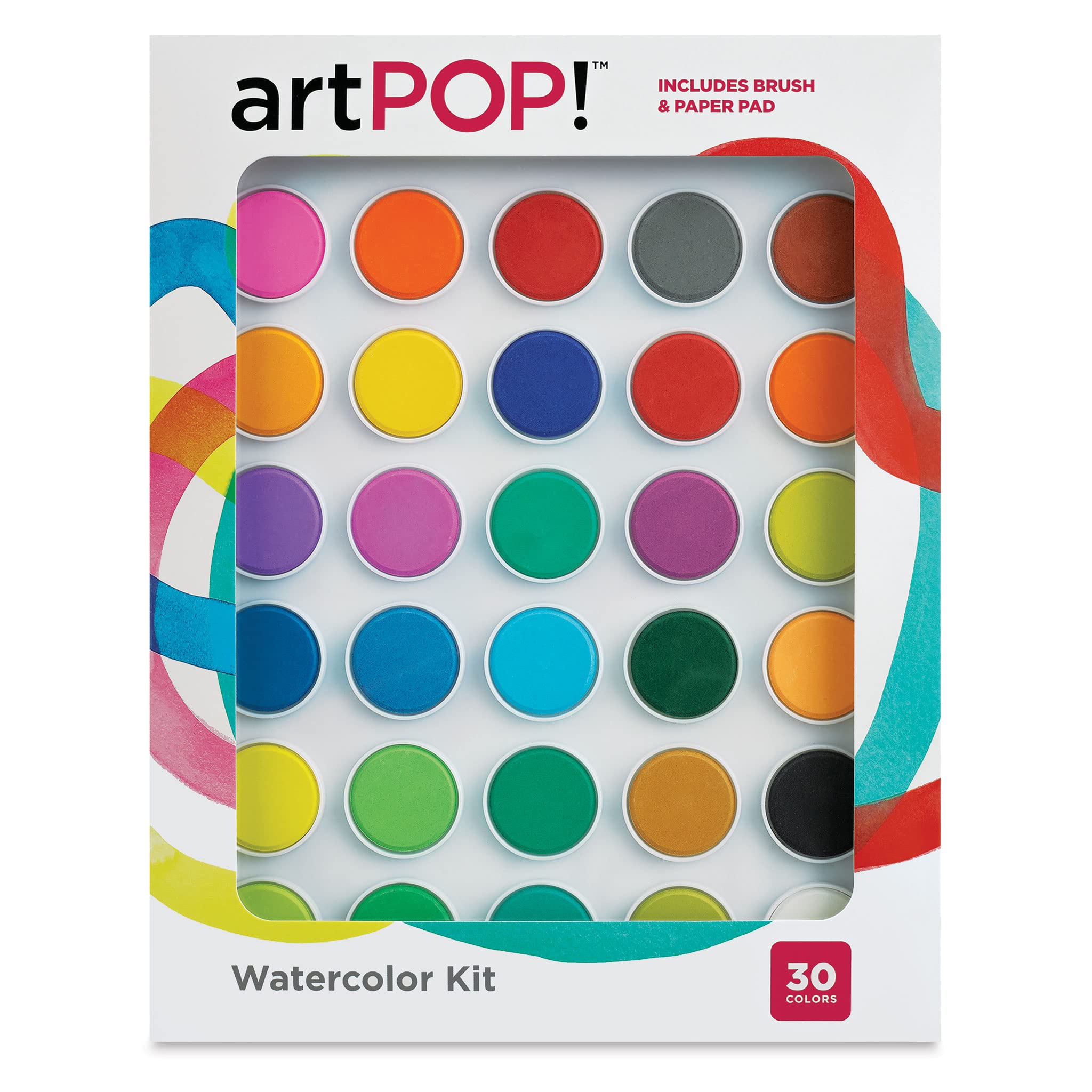 artPOP! Watercolor Kit Convenient Palette case with reclosable lid Set of 30 Pressed Watercolors 8" x 10" Watercolor Paper pad with 10 Sheets Includes Two Medium-Sized paintbrushes