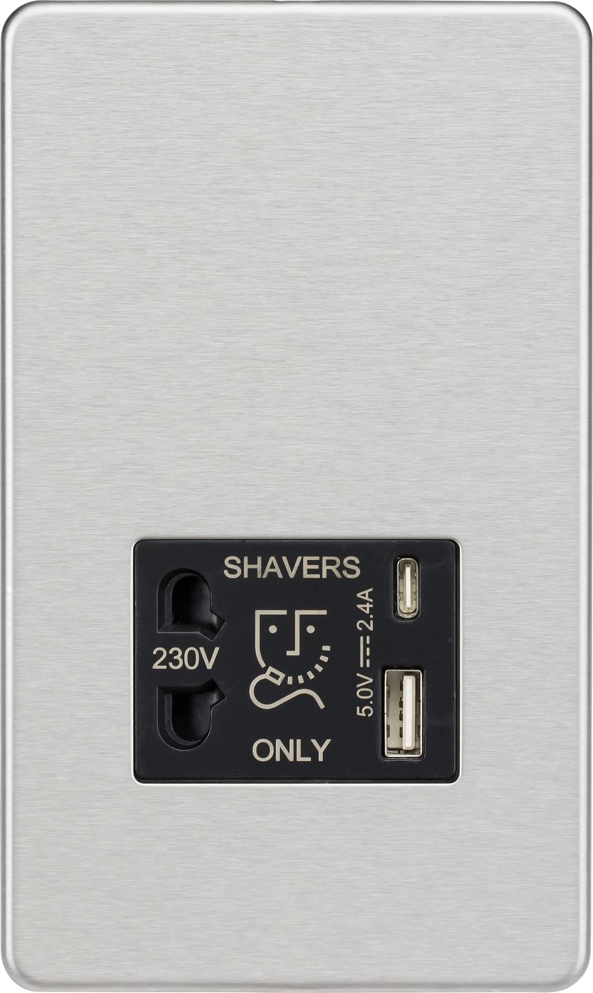 Knightsbridge Screwless Shaver socket with dual USB A+C (5V DC 2.4A shared) - brushed chrome with black insert
