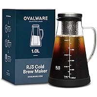Airtight Cold Brew Iced Coffee Maker and Tea Infuser with Spout - 1.0L / 34oz Ovalware RJ3 Brewing Glass Carafe with…