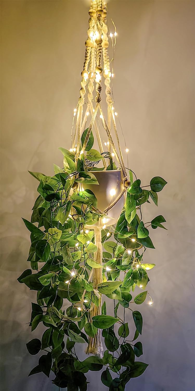 Photo 1 of 2 Pack Macrame Plant Hanger with Lights Indoor Hanging Planter Basket with Wood Beads Flower Pot Holder Handwoven Cotton Rope Tassels for Boho Home Window Decor 43.5 Inch, Ivory (POTS NOT Included)