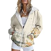 HOTYD Womens Oversized Hoodies Zip Up Fleece Floral Sweatshirt Casual Fall Long Sleeve Drawstring Hooded with Pockets