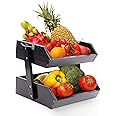 GET SORTED Bamboo Fruit Basket 2 Tier — 22+ Lbs Capacity, 12mm Thickness & Raised Bottom— Ideal for Bread, Toiletries, Snacks, Seasonings - Wood Fruit Bowl for Kitchen Counter, Dining Table (Black)