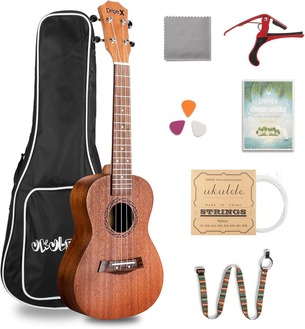 Dripex 23 Inch Concert Ukulele Natural Wood with Beginners Kit