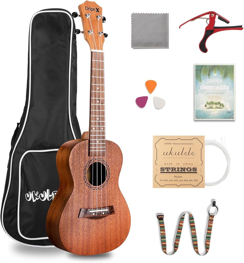 Dripex 23 Inch Concert Ukulele Natural Wood with Beginners Kit