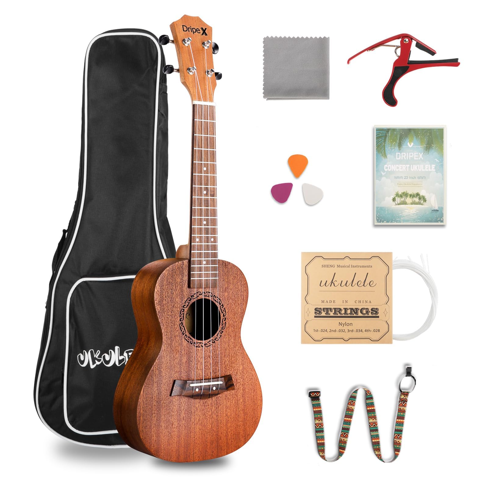 Dripex 23 Inch Concert Ukulele, Small Guitar Ukelele, Professonial Wood Ukulele Starter with Beginners Kit, Quality Musical String Instrument for Adults or Kids (Natural Color)