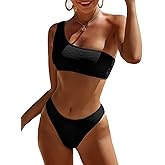 Limeeke Women One Shoulder Bikini Set Ribbed Textured Two Piece Swimsuit High Cut Cheeky Bathing Suit