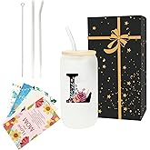 Monogrammed Glass Drinking Cup With Lid Straw Personalized Customized Post Cards Women Lady Boss Gifts Coworker Colleague Manager Team Member Employee Birthday Farewell Leaving Retirement Christmas,L