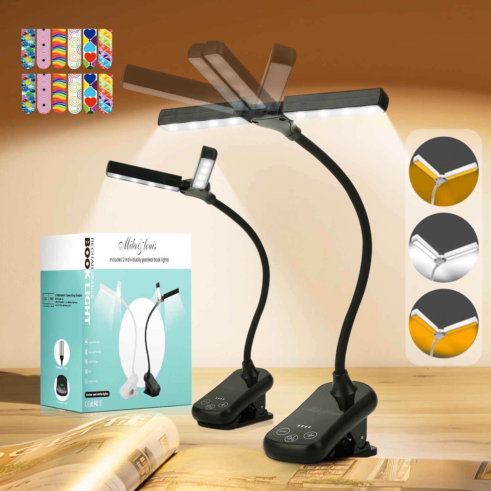 MILA&LOUIS Rechargeable Book Lights for Reading at Night Portable Bookmark & Clip On USB Booklight for Readers in Bed Dimmable Brightness Small Cute LED Bedside Reading Lamp for Travel (ST Black)