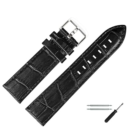 MARBURGER Uhrenarmband 22mm Schwarz - Rindsleder, Kroko Prägung - Ersatzarmband, Schließe Silber - 7892210000120