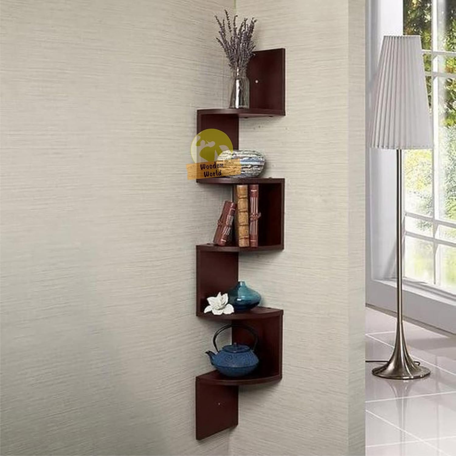 Wooden World Zig Zag Floating Wall Mount Corner Shelf Wooden Display