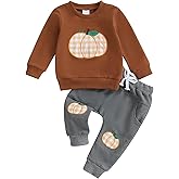 Fufuriprefer Toddler Baby Boy Halloween Outfit Pumpkin Embroidery Long Sleeve Sweatshirt & Plaid Pant Set Fall Clothes