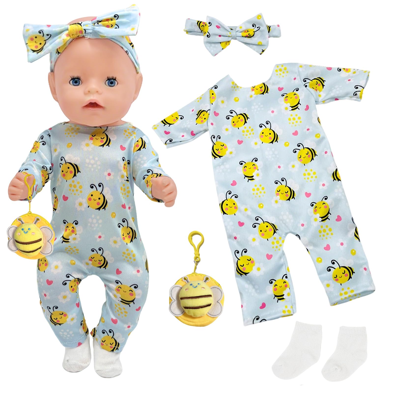4 Pcs Baby Doll Clothes for 14-18 inch Baby Dolls, 35-43cm Bee Overall Outfits with Overall Headband Bag Socks Cute Bee 43cm Dolls Clothes Accessories Girls Birthday Gift( No Doll)
