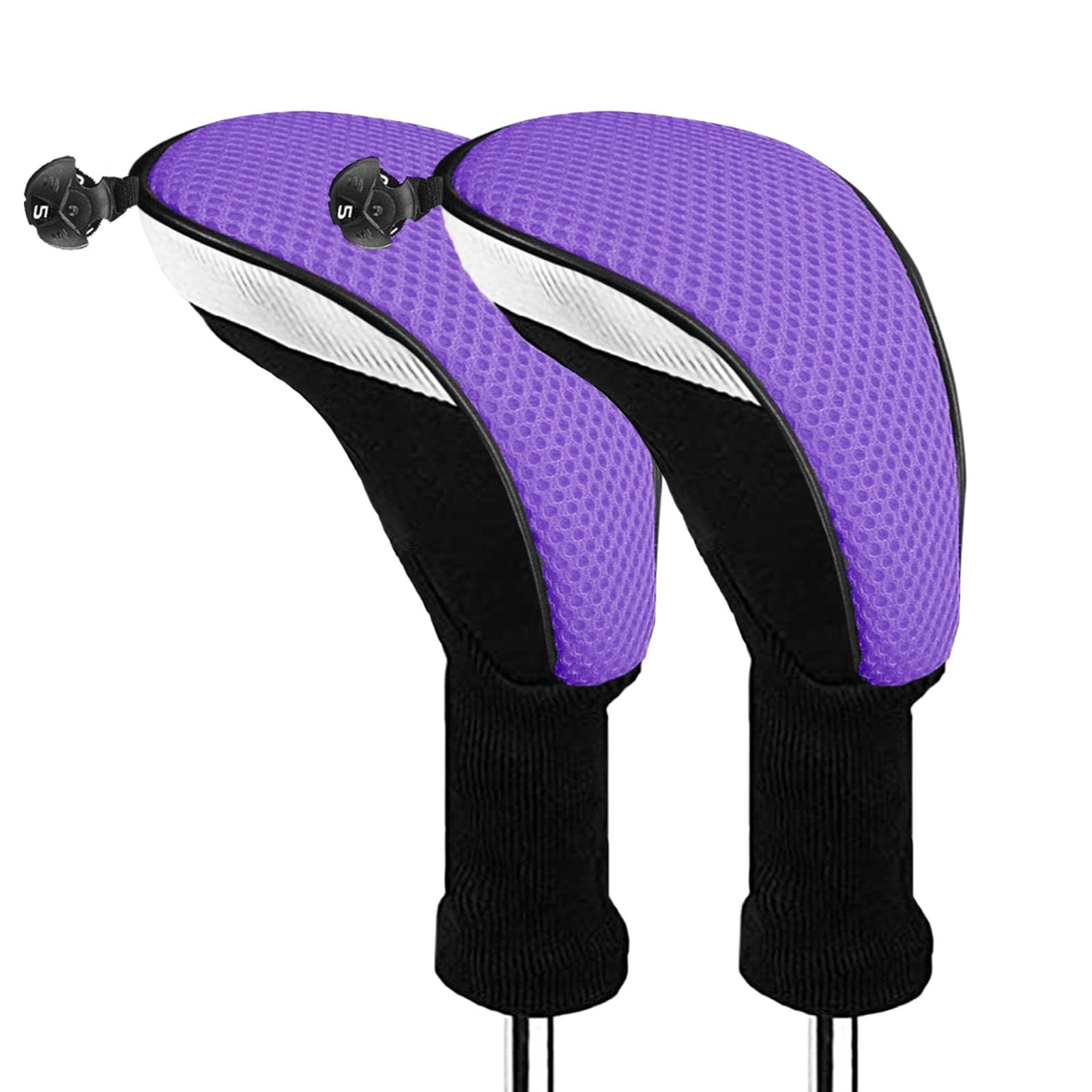 FINGER TEN Golf Club Head Covers Woods Hybrids Long Cover, Headcovers with Interchangeable No. Tags Fit All Hybrids Wood Clubs Light Durable (Purple-2 Pack Hybrid Covers)