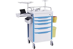OLERN Medical Rolling Storage Crash Cart with Wheels - Adjustable IV Pole, Silent Casters, Needle Disposal Holder, Trash Bin, O2 Holder - Nursing Emergency Cart for Clinic, Hospital, Salon, Lab