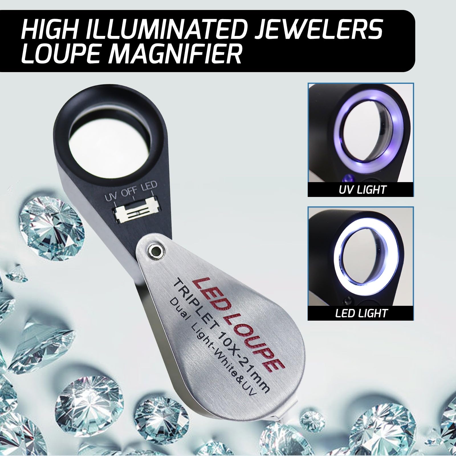 Gain Express Jewelers Loupe Magnifier, Jewelry Loop Magnifier with Light, Hastings Triplet Loupe 10X for Coin, Gem, Stamp, Diamond etc (White LED & UV Light)