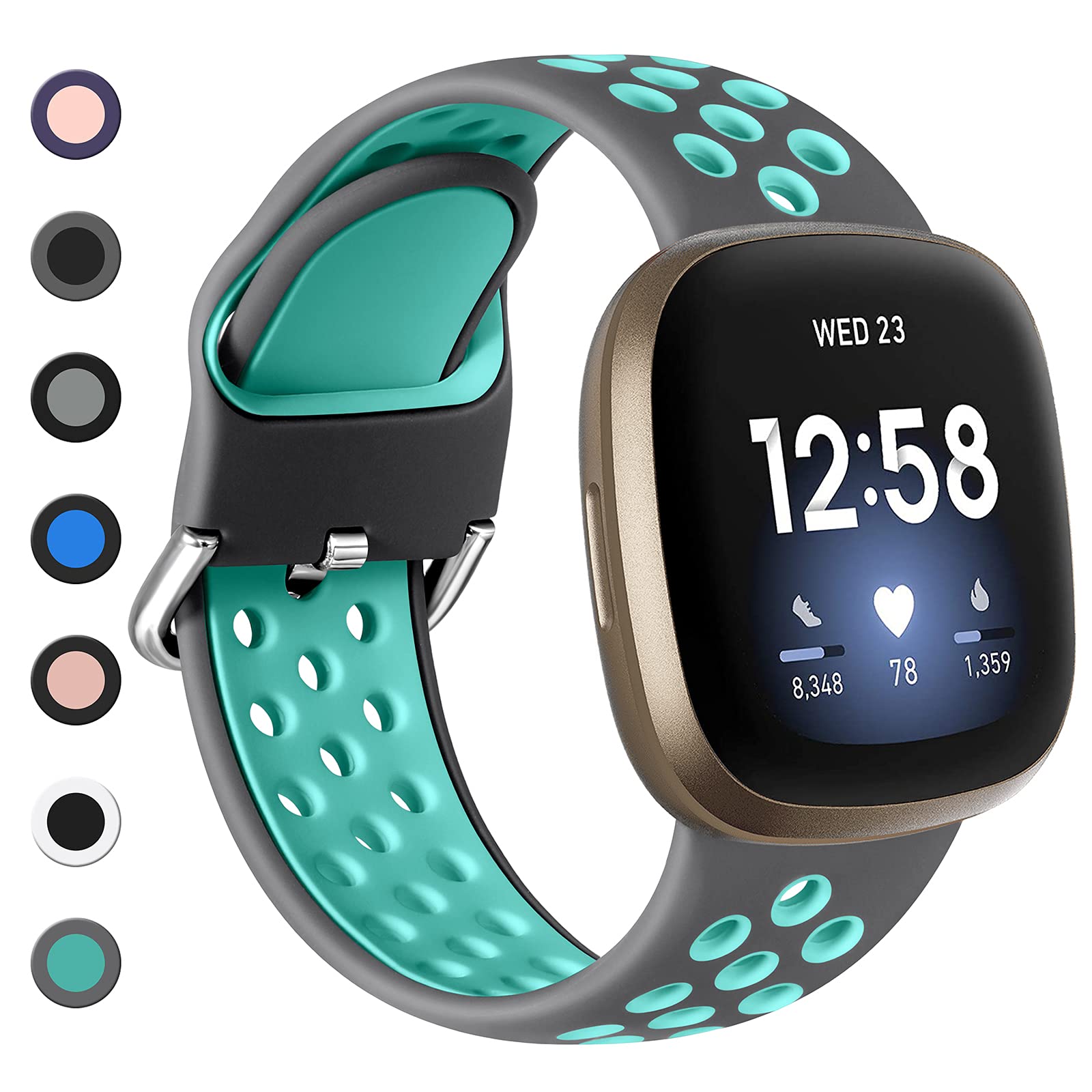 Dirrelo Bracelet Compatible with Fitbit Versa 4/3/Sense 2/Sense, Women Men Sport Breathable Silicone Waterproof Replacement, Grey/Teal L