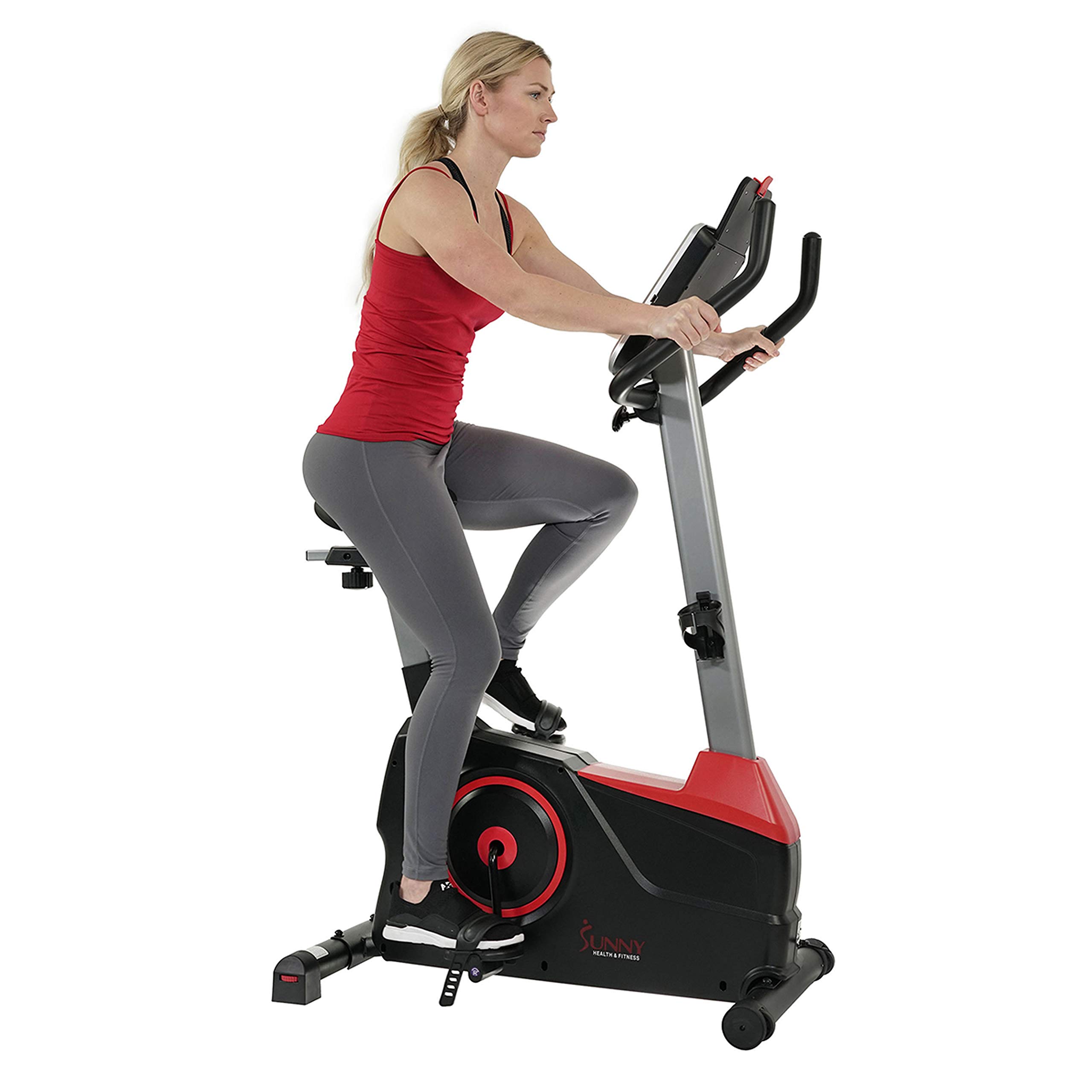 Sunny Health & Fitness Evo-Fit Stationary Upright Bike with 24 Level Electro-Magnetic Resistance - SF-B2969 Black/Red