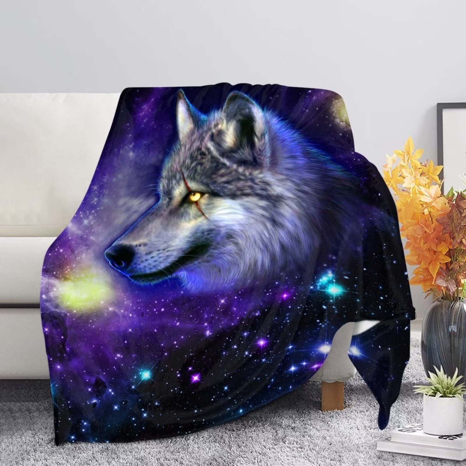 Suhoaziia Galaxy Wolf Fleece Throw Soft Flannel Cozy Blanket Bed Sofa Blanket Throw Adult Winter Warm Fluffy for All Seasons