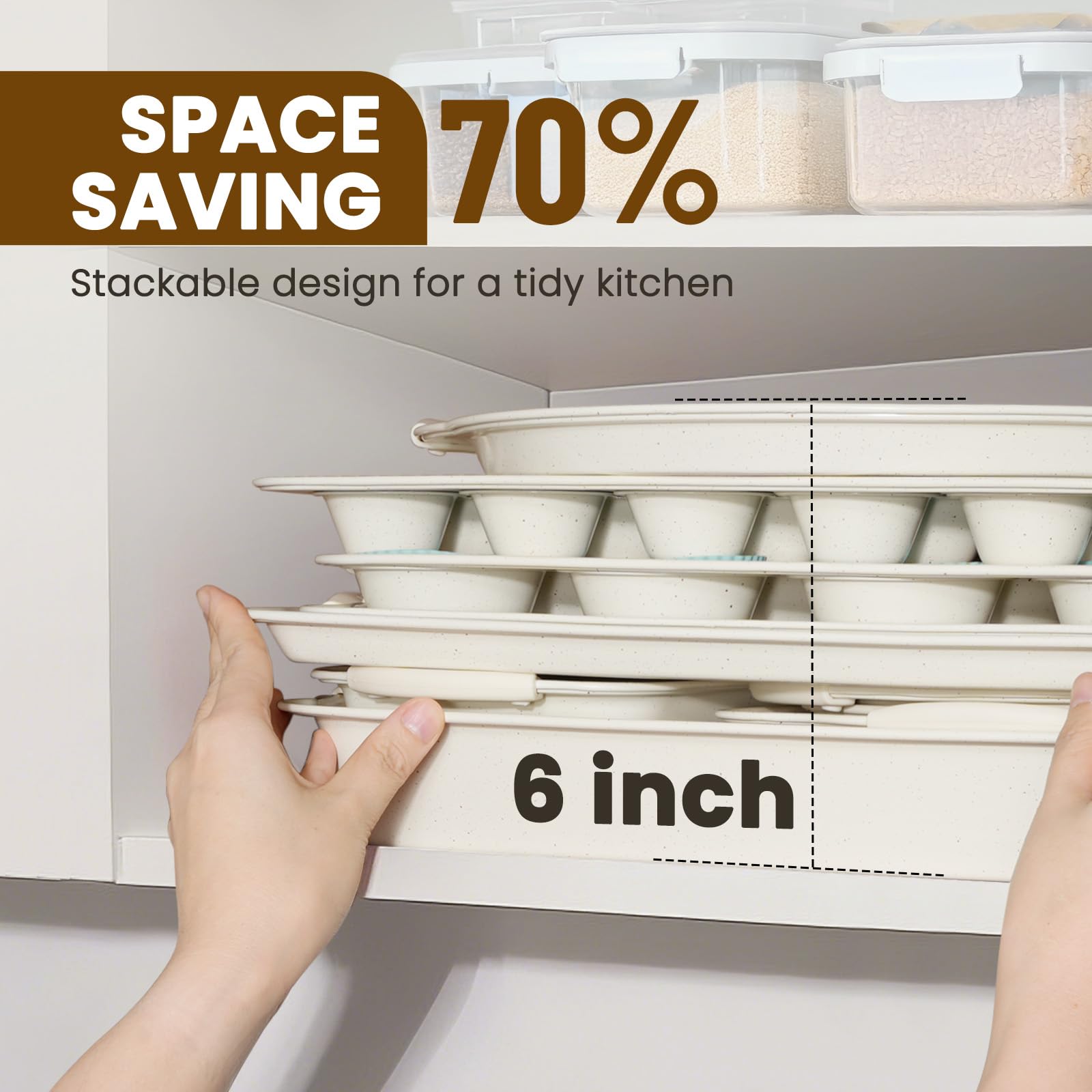 Kikcoin 22 PCS Nonstick Baking Pans Set, Stackable Bakeware Sets with Silicone Handles, 450°F Oven Safe Baking Sheet Set, Easy Release Cookie Sheets for Baking, Cream