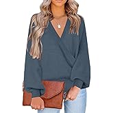 LookbookStore Women's Knit Long Sleeve Faux Wrap Surplice V Neck Sweater Top