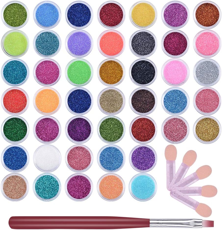 QIMYAR Glitter Powder for Nails Makeup Eyeshadow,45 Colors Nail Art Pigment Shimmer Powder Dust Cosmetic Body Face Hair Nails Festival Decoration with 5 Pcs Sponge Applicators+1 Pcs Brush