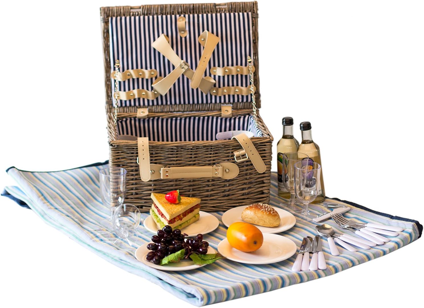 ALLCAMP 4 Person Wicker Picnic Basket with Blanket, Flatware, Plates, Wine Glasses (Brown)