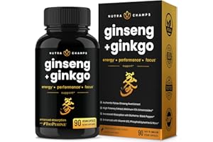 NUTRACHAMPS Korean Red Ginseng Root 1650mg | Ginseng and Ginkgo Biloba 120mg | Korean Red Panax Ginseng Capsules Double Strength | Vitamin B12, Acetyl L-Carnitine, Phosphatidylserine, Black Pepper | Energy, Focus