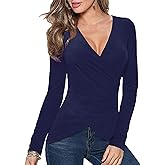Afibi Women Deep V Neck Low Cut Long Sleeve Slim Shirt Tee Top Blouse
