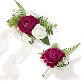 Alecono Fuchsia Corsage and Boutonniere Set, Hot Pink Corsage Wristlet for Bridesmaids, Boutonniere for Groom Groomsmen, Prom Wedding Accessories Suit Decorations