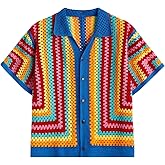 Verdusa Men's Short Sleeve Hollow Out Knit Shirts Collar Button Up Striped Sweater