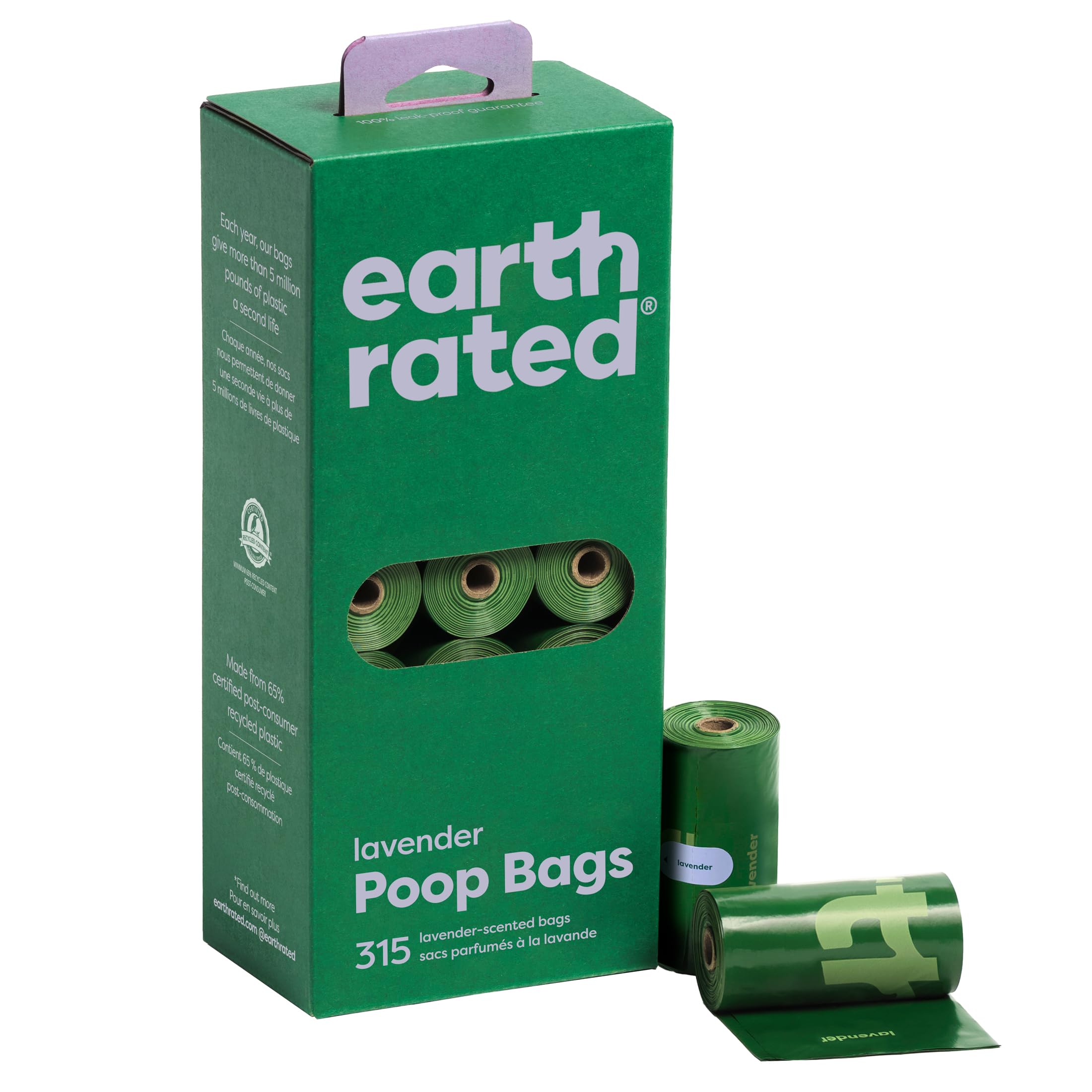 Earth Rated Dog Poo Bags, Guaranteed Leak Proof and Extra Thick Waste Bag Single Refill Rolls For Dogs, Lavender Scented, 315 Count