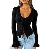 Navneet Women Ruffle Tie Front Cardigan Sweater Long Bell Sleeve Cropped Knit Sweater Top