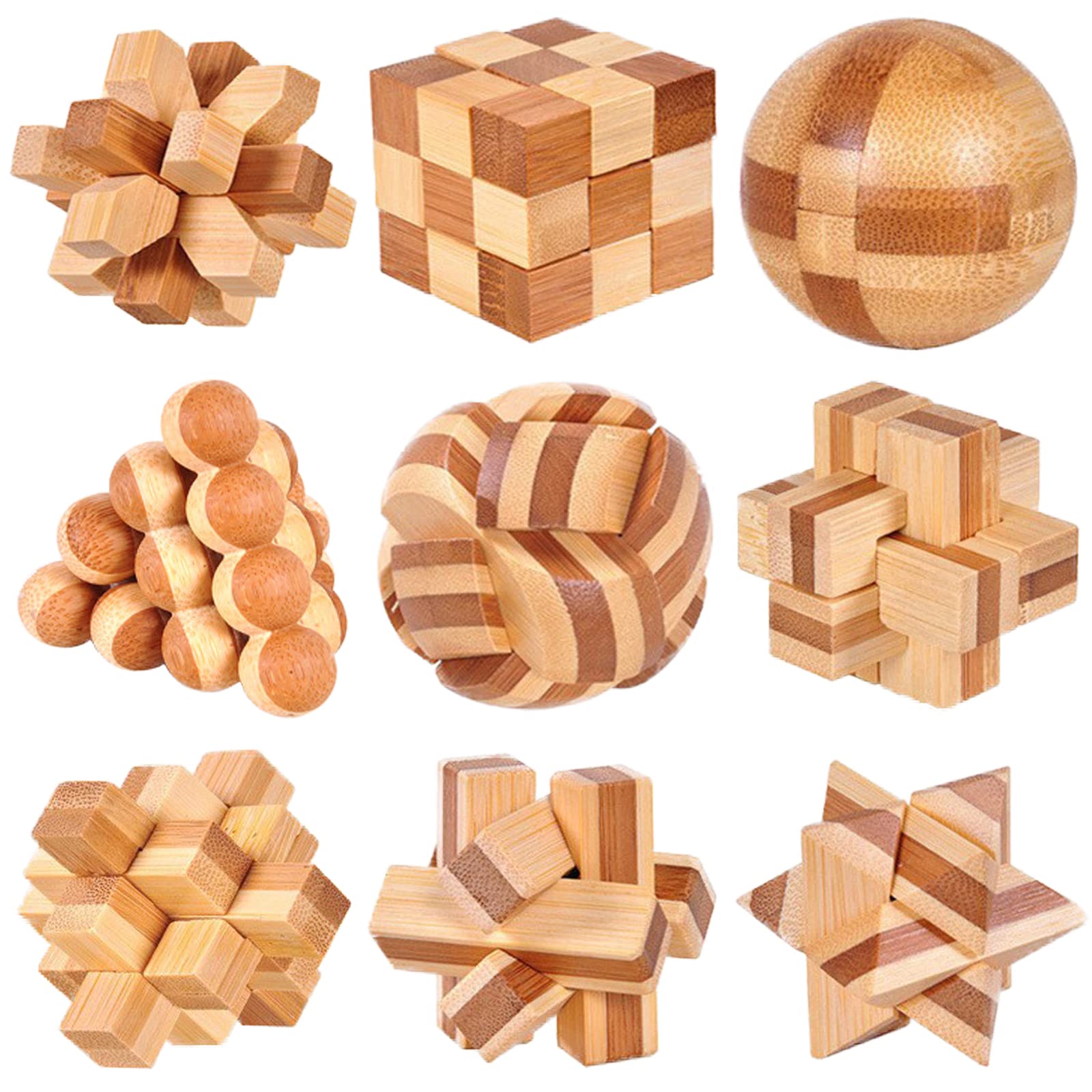 WishesMar 9 Pcs Wooden Brain Teaser Puzzles Set Logic Mind Educational Toy - Assembly Disentanglement Puzzles Interlocking Lock Games Gift for Kids and Adults - Set #1