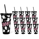 JarThenaAMCS 12Pcs Halloween Plastic Cups with Straw and Lid Cute Ghost Tumbler 24oz Boo Plastic Cups for Cold Drinks Halloween Decoration Party Favors