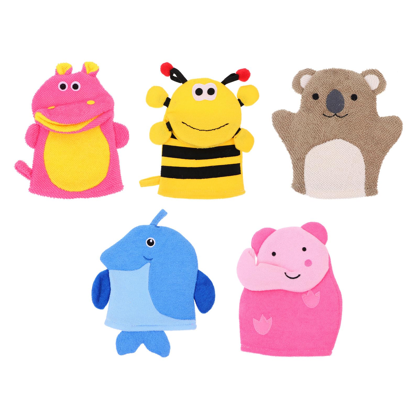 5Pcs Kids Bath Gloves - Adorable Animal Shape Exfoliating Bath Mitts for Toddlers - Soft Sponge and Polyester Wash Mitts for Baby Bathing - Assorted Colors