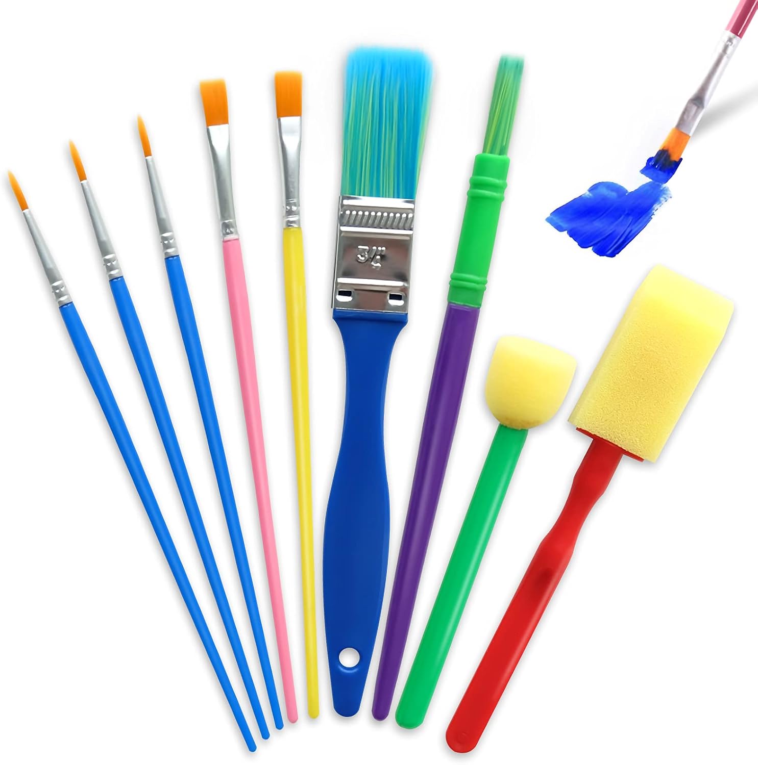 Hanyousheng Kids Paint Brushes, Colorful Paint Brushes, 9 Pcs Childrens Paint Brushes Set, 2 Sponge Paint Brushes