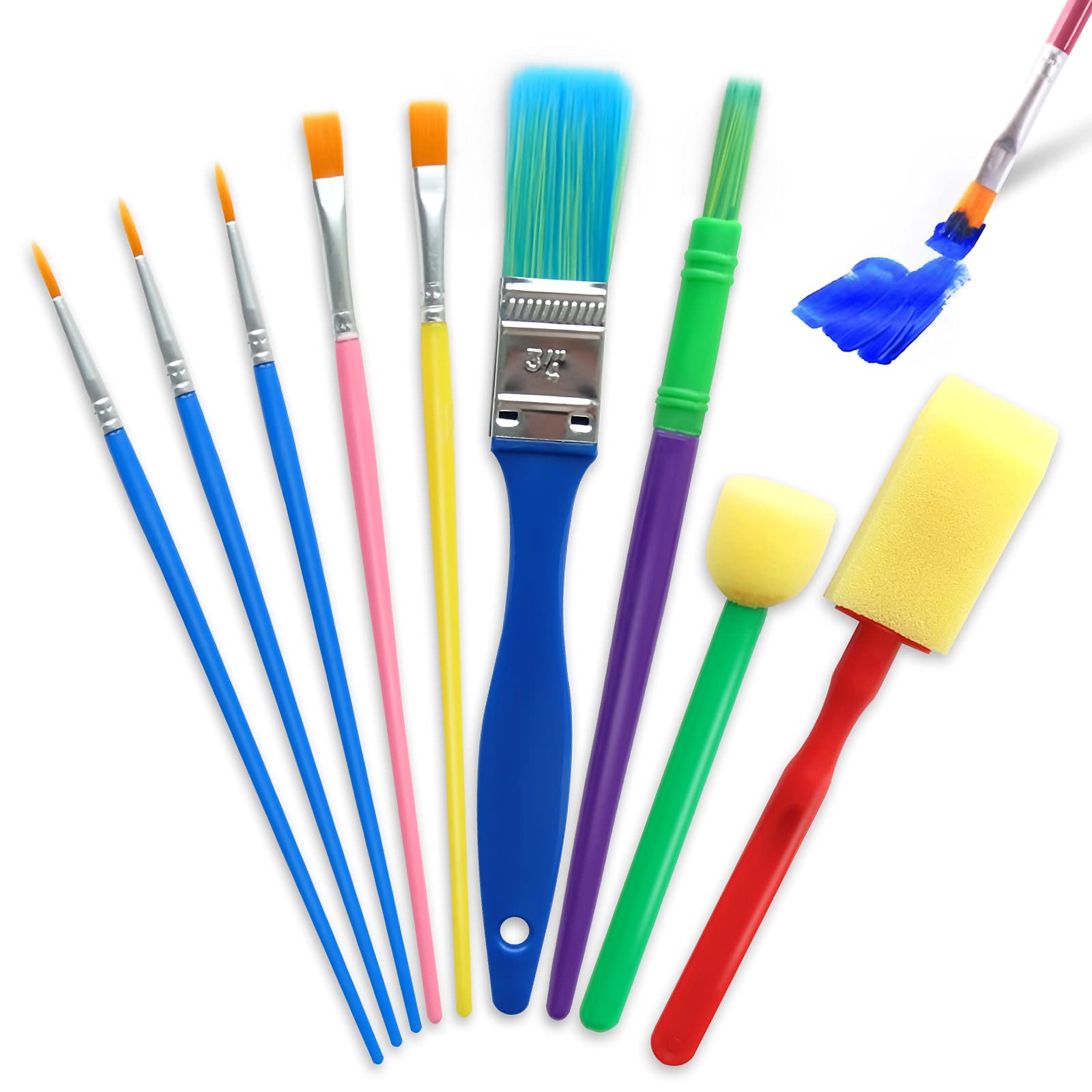 Hanyousheng Kids Paint Brushes, Colorful Paint Brushes, 9 Pcs Childrens Paint Brushes Set, 2 Sponge Paint Brushes, Kids Painting Tools for Watercolor, Oil, Acrylic Paints, Face Painting