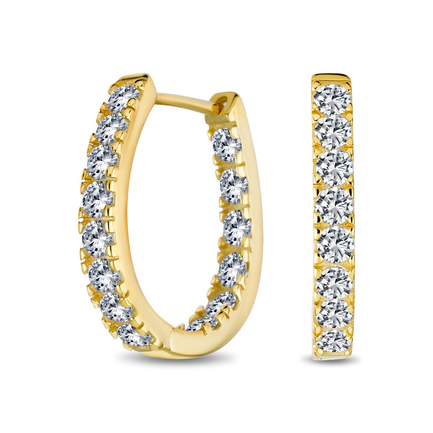 Wedding Classic Bridal Oval Shape Medium Size Continuous Inside Out AAA CZ Hoop Earrings Of Women Prom Party Cubic Zirconia Yellow Gold Plated .925 Sterling Silver .60 Inch Diameter