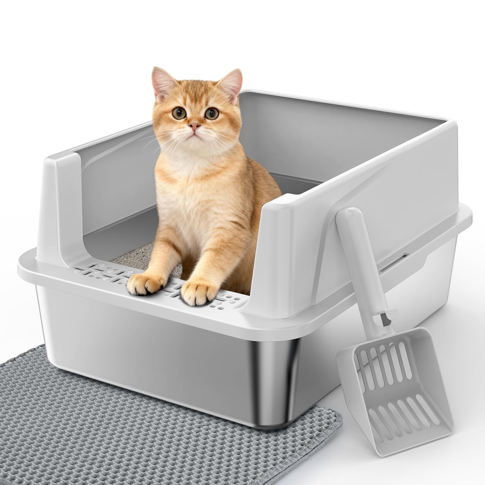 Stainless Steel Cat Litter Box with Lid, High-Sided Metal Litter Pan for Small Cats, Kitty Litter Box, Non-Stick & Odor-Resistant, Anti-Urine Leakage, Easy to Clean, Scoop Included Image