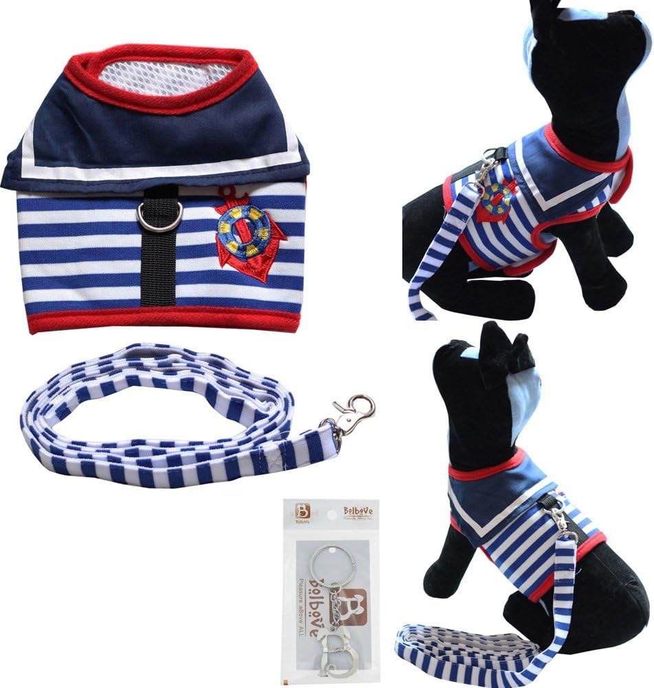 Bolbove Pet Sailor Stripes Vest Mesh Harness and Leash Set for Cats & Small Dogs (Large, Blue)