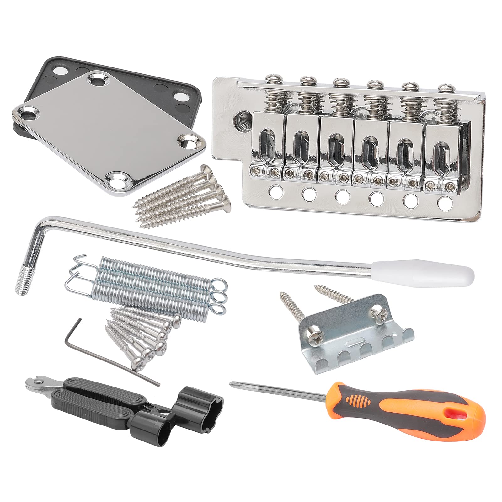 Unxuey Electric Guitar Tremolo Bridge Bar Kit, 6 Strings Bridge Tremolo System Set with Neck Plate Reinforce Board for Fender Strat Guitar Replacement, Chrome
