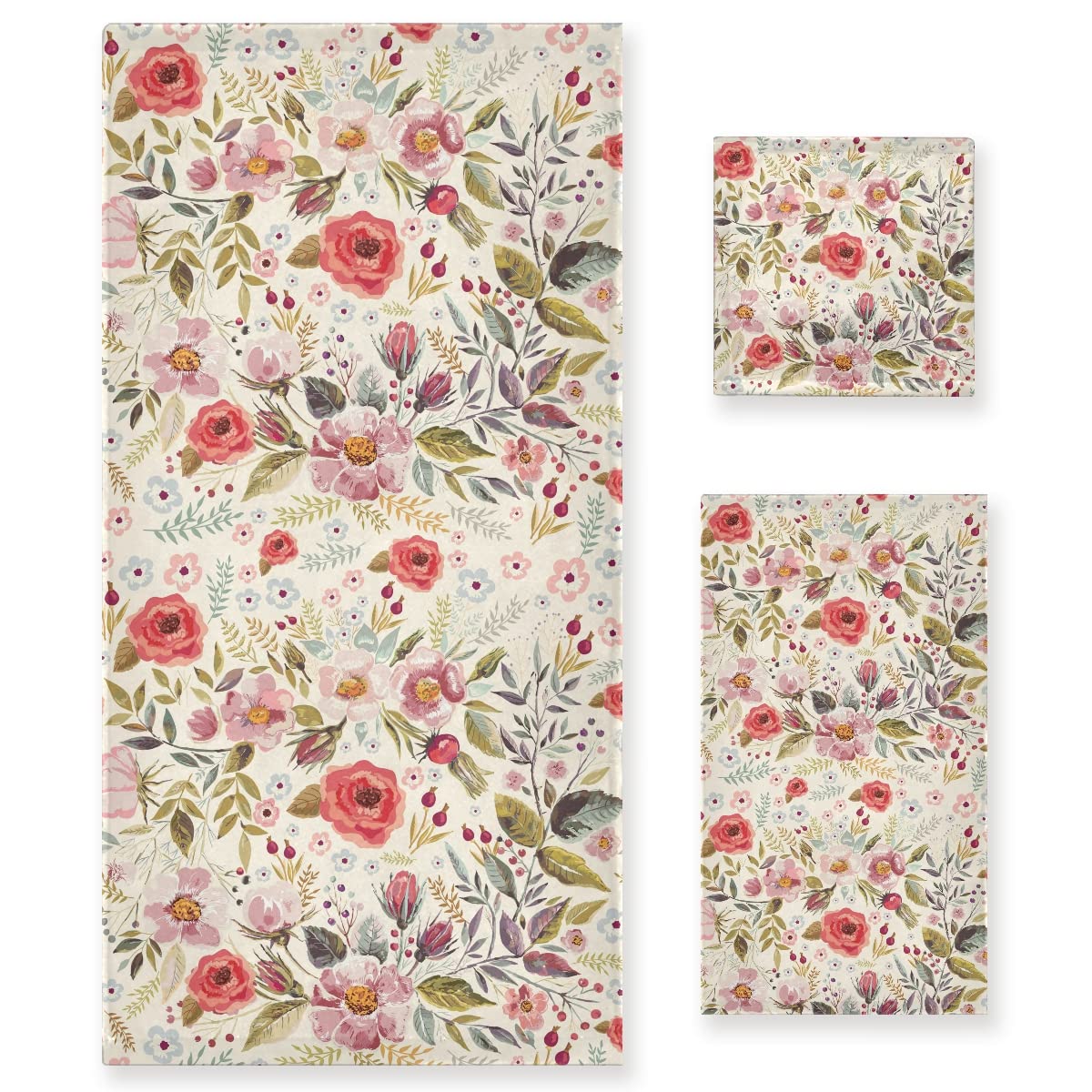 ALAZA Bath Towels Set of 3, Microfibre Towel Bathroom Linen Vintage Flower Floral Towels Set Gift with 1 Face Towel 1 Hand Towel 1 Bath Towel Sheet, Absorbent Bathroom Accessories